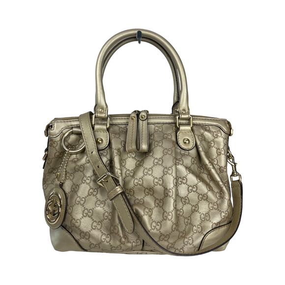 GUCCI Gold Metallic Leather GG Sukey Satchel Shoulder Crossbody Made In Italy - Picture 1 of 15
